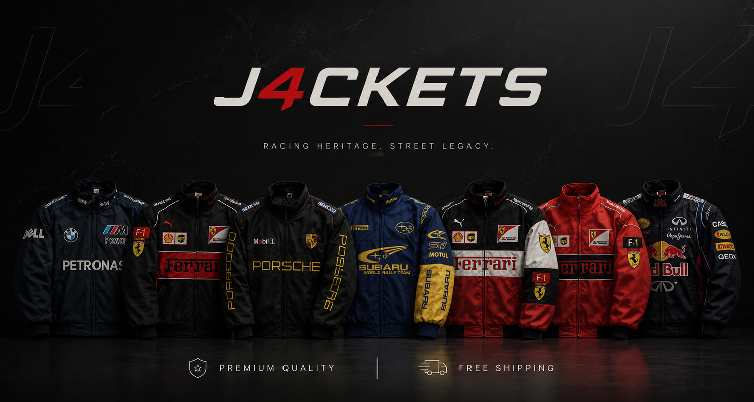 Collection of racing jackets with various brand logos on a dark background, featuring the brand 'J4CKETS'.